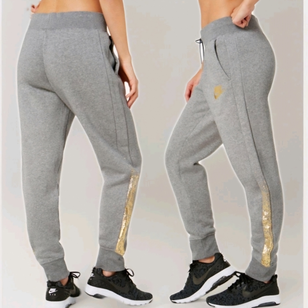 Nike Women’s Rally Fleece Joggers AQ7112-091 | Heather Gray /Metallic Gold Foil